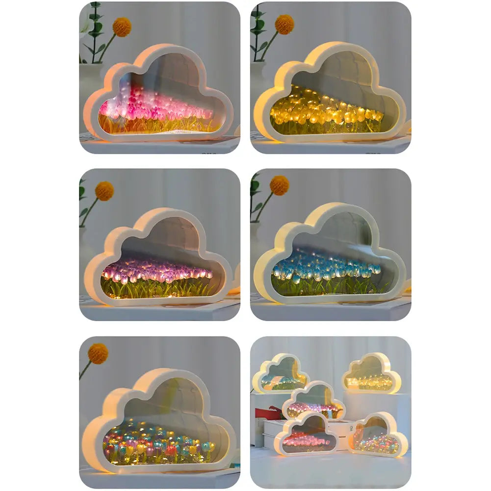 Cloud Tulip Night Light Handmade DIY Material Flower Home Decor Mirror Creative Atmosphere Lamp Birthday Gift Valentine's Day