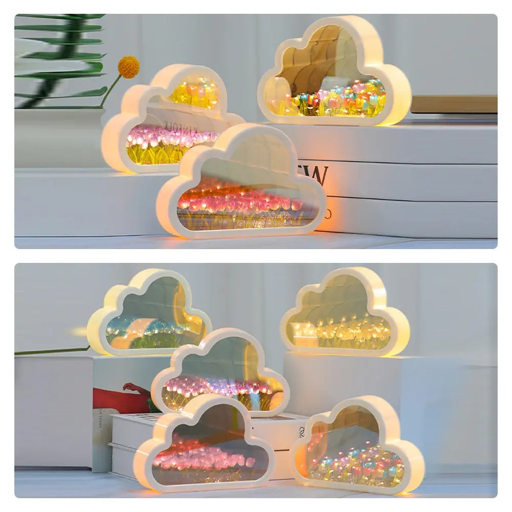 Cloud Tulip Night Light Handmade DIY Material Flower Home Decor Mirror Creative Atmosphere Lamp Birthday Gift Valentine's Day