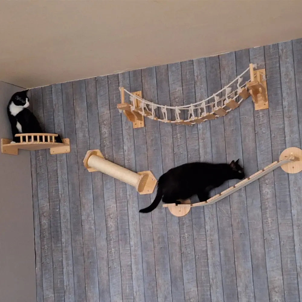 Cat Tree Wall Mounted Cat Climbing Bridge with Scratching Post and Cat Hammock Sisal Ladder for Kitten Playing  and Resting