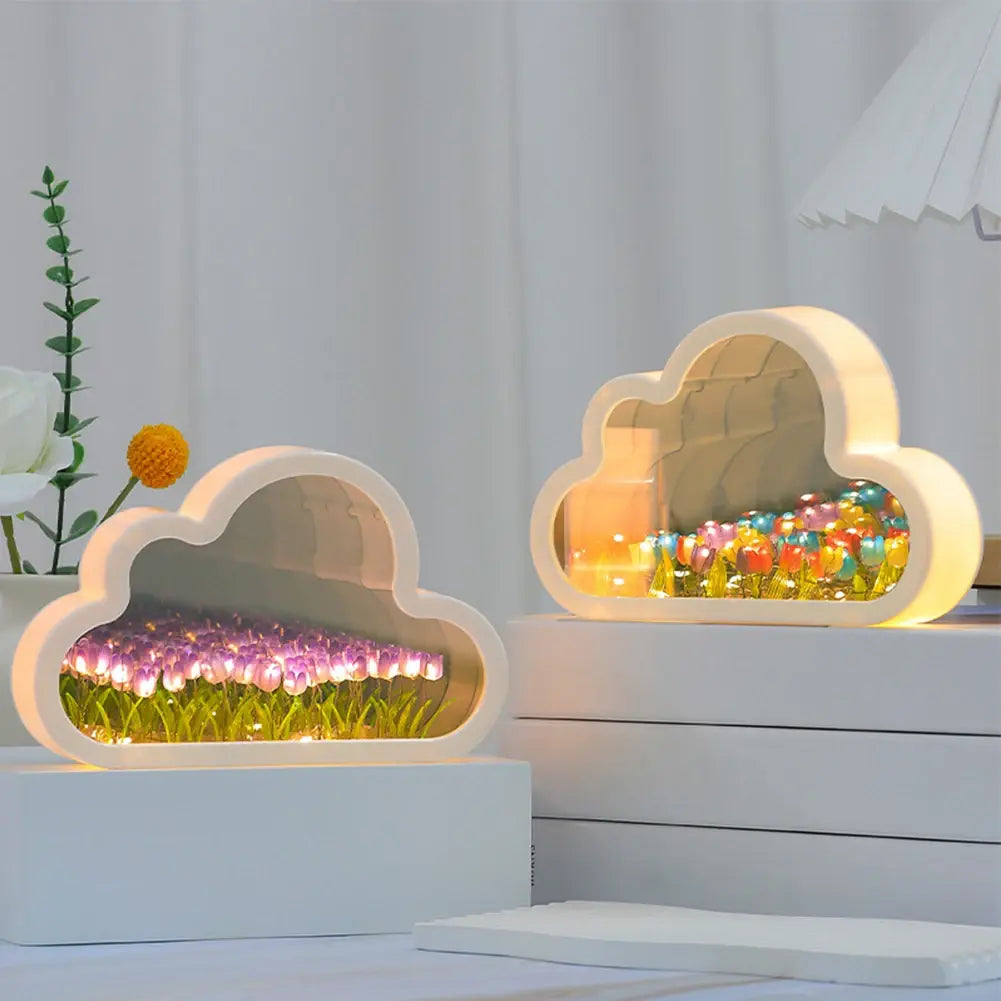 Cloud Tulip Night Light Handmade DIY Material Flower Home Decor Mirror Creative Atmosphere Lamp Birthday Gift Valentine's Day