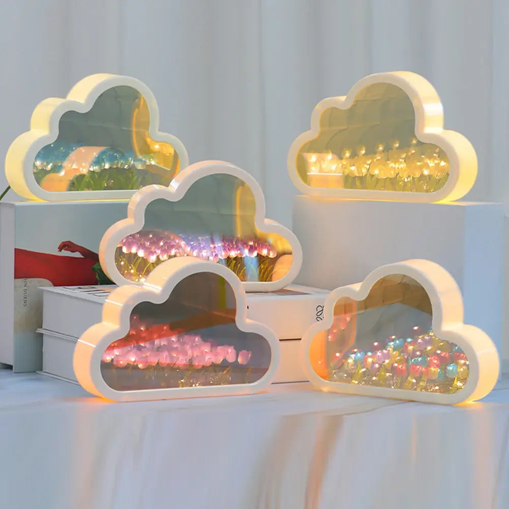 Cloud Tulip Night Light Handmade DIY Material Flower Home Decor Mirror Creative Atmosphere Lamp Birthday Gift Valentine's Day