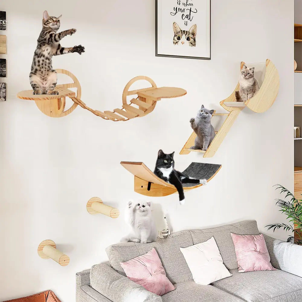 Cat Tree Wall Mounted Cat Climbing Bridge with Scratching Post and Cat Hammock Sisal Ladder for Kitten Playing  and Resting