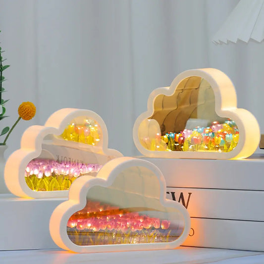Cloud Tulip Night Light Handmade DIY Material Flower Home Decor Mirror Creative Atmosphere Lamp Birthday Gift Valentine's Day