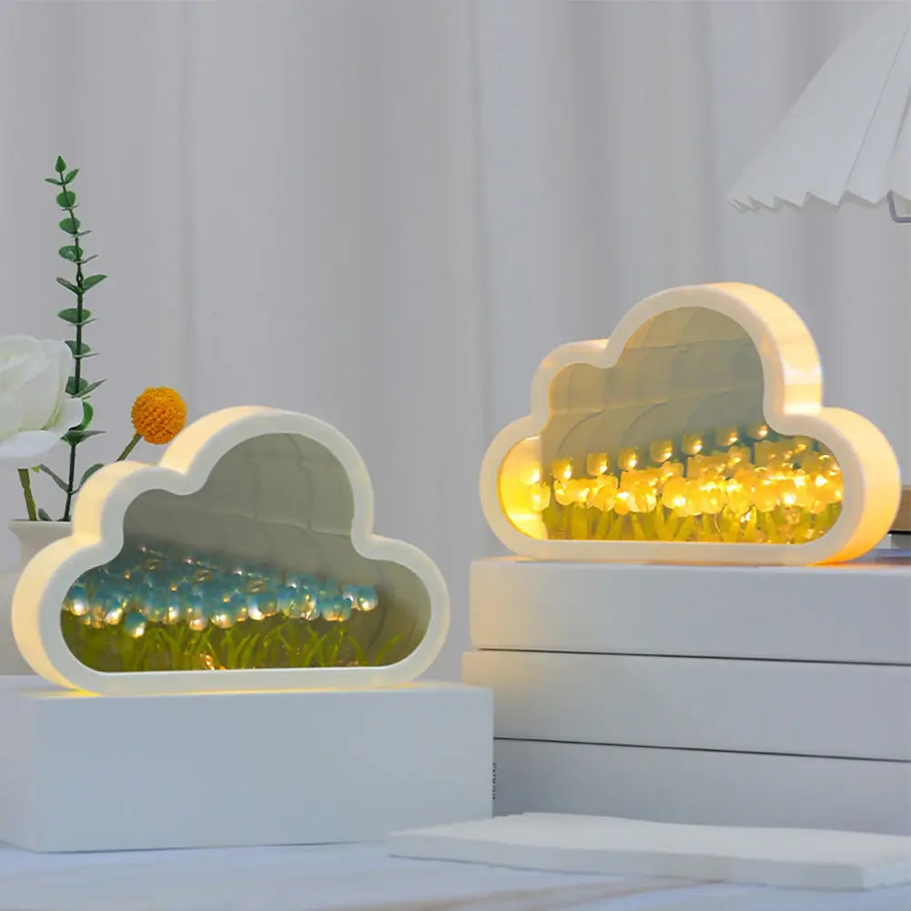 Cloud Tulip Night Light Handmade DIY Material Flower Home Decor Mirror Creative Atmosphere Lamp Birthday Gift Valentine's Day